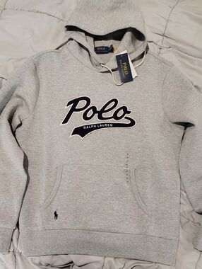 Ralph Lauren Polo Script Logo Crewneck Hoodie in Light Gray with Navy Medium